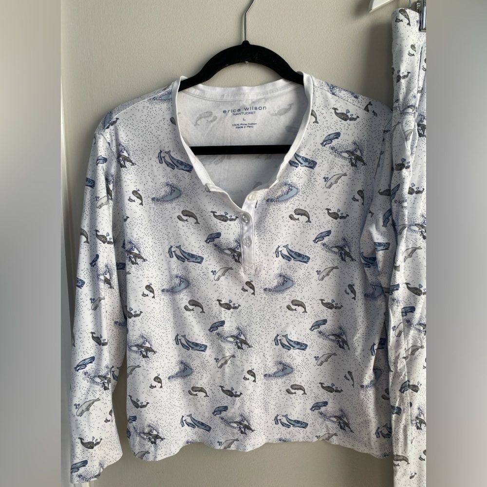 COTTON JEWEL Women's Printed Two-Piece Pajama Set in White and Blue - Picture 4 of 10